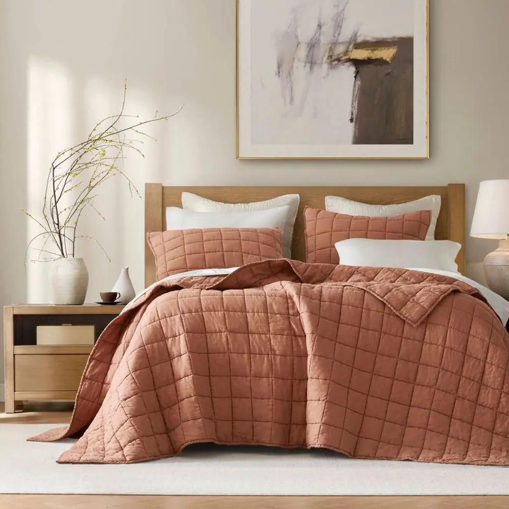 Harbor House 3Pcs Solid Color Lightweight Quilt Set Garment Wash Box Stiching Cooling Quilt with Matching Pillow Shams Clay King/Cal King
