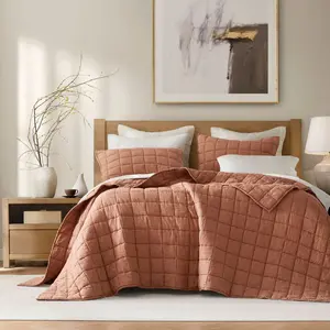 Harbor House 3Pcs Solid Color Lightweight Quilt Set, Garment Wash Box Stiching Cooling Quilt with Matching Pillow Shams, Clay, King/Cal King