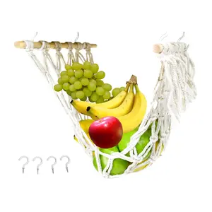 MOTDEX Macrame Hanging Fruit Hammock for Kitchen, Under Cabinet Space Saving Fruit Basket, Banana Hammock, Fruit Holder, Boho Produce Holder with Tassels and Hooks, Cream