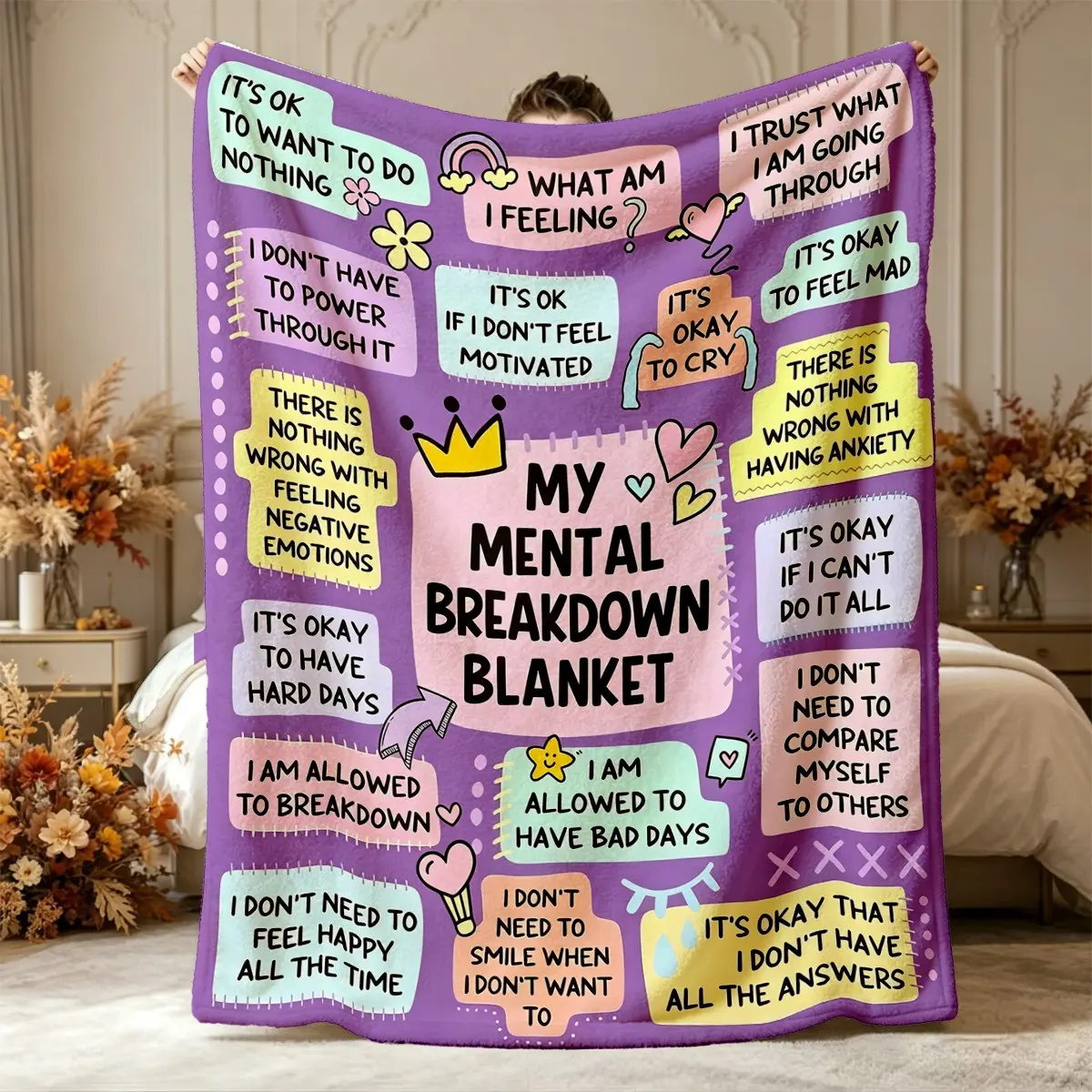 "My Mental Breakdown" Printed Flannel Blanket with encouraging mental health quotes. Soft, cozy for all seasons, machine washable. Ideal for camping, travel, naps, home decor, office/dorm use, and as a comforting gift for loved ones.