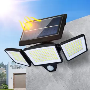 Solar Motion Sensor Outdoor Light 3-Head 300 LED Security Floodlight with Remote Control IP65 Waterproof Adjustable Wall Lamp Solar Powered Exterior Light for Garden Garage Yard Porch Driveway
