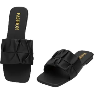 Women's Pleated Square Toe Slide Sandals, Trendy Wedding & Summer Flat Sandals