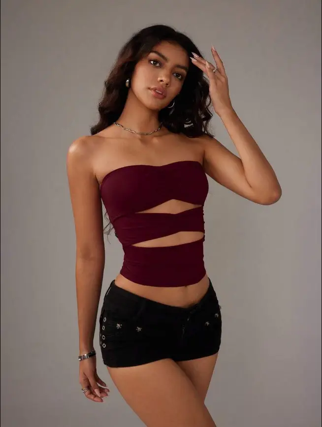LUNA LAYER Womens Solid Color Ruched Hollow Out Cropped Sexy Camisole Backless Strapless Vacation Top
