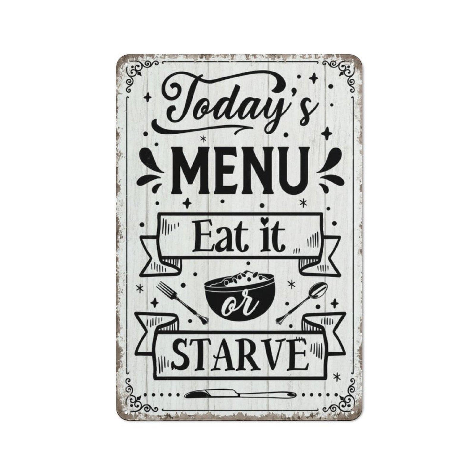 Vintage 'Today's Menu Eat It or Starve' Metal Tin Sign - Perfect for Kitchen, Dining Room & Farmhouse Decor, Wall Hanging, English, Holiday Gift Idea,Wall Art Decor,Home Decor