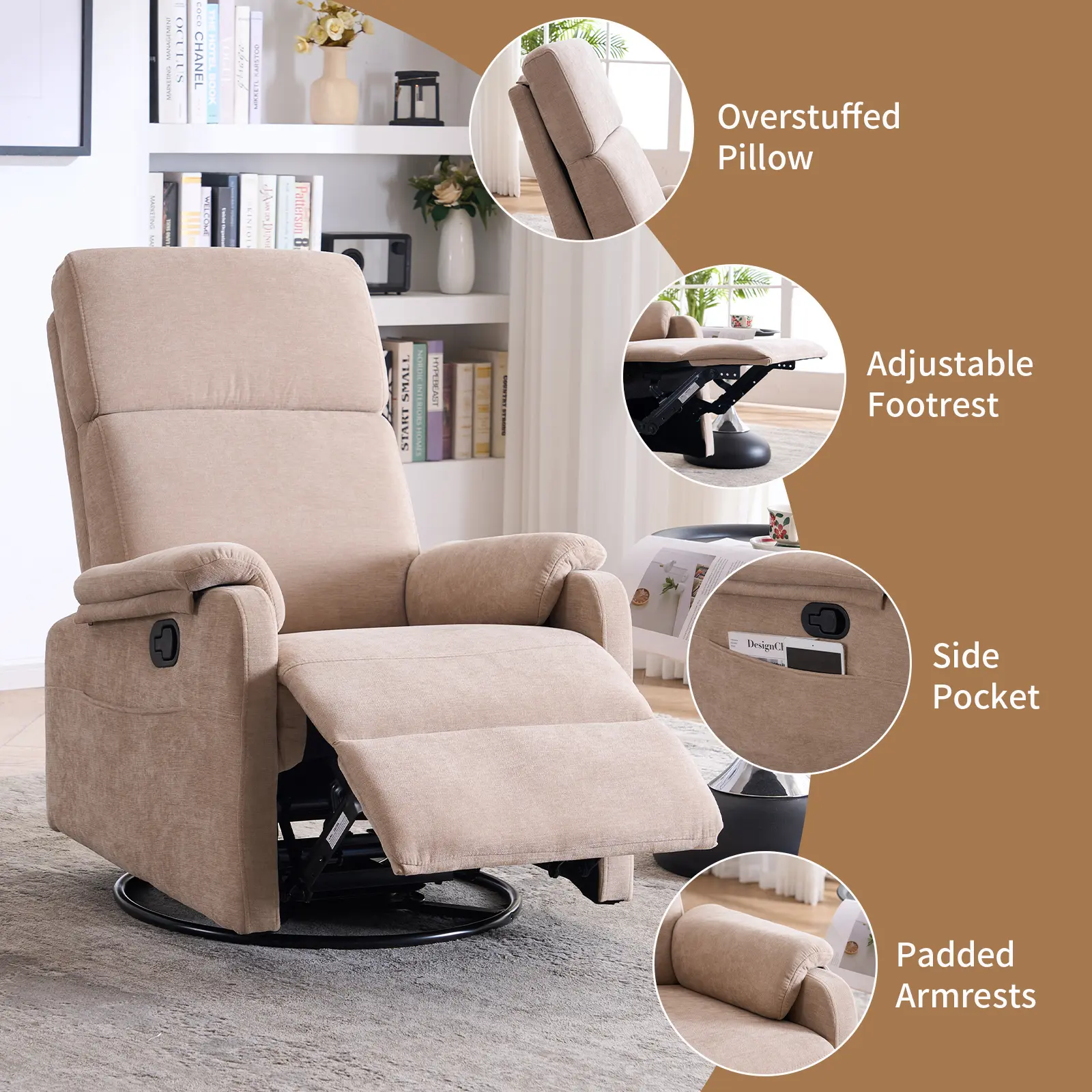 Adult Recliner, 360° Swivel Rocking Chair Nursery, Small Rocking Chair for Smaller People in Narrow Spaces, Glider Recliner Nursery Chair with Side Pockets for Living Room, Bedroom, RV, Fabric Beige