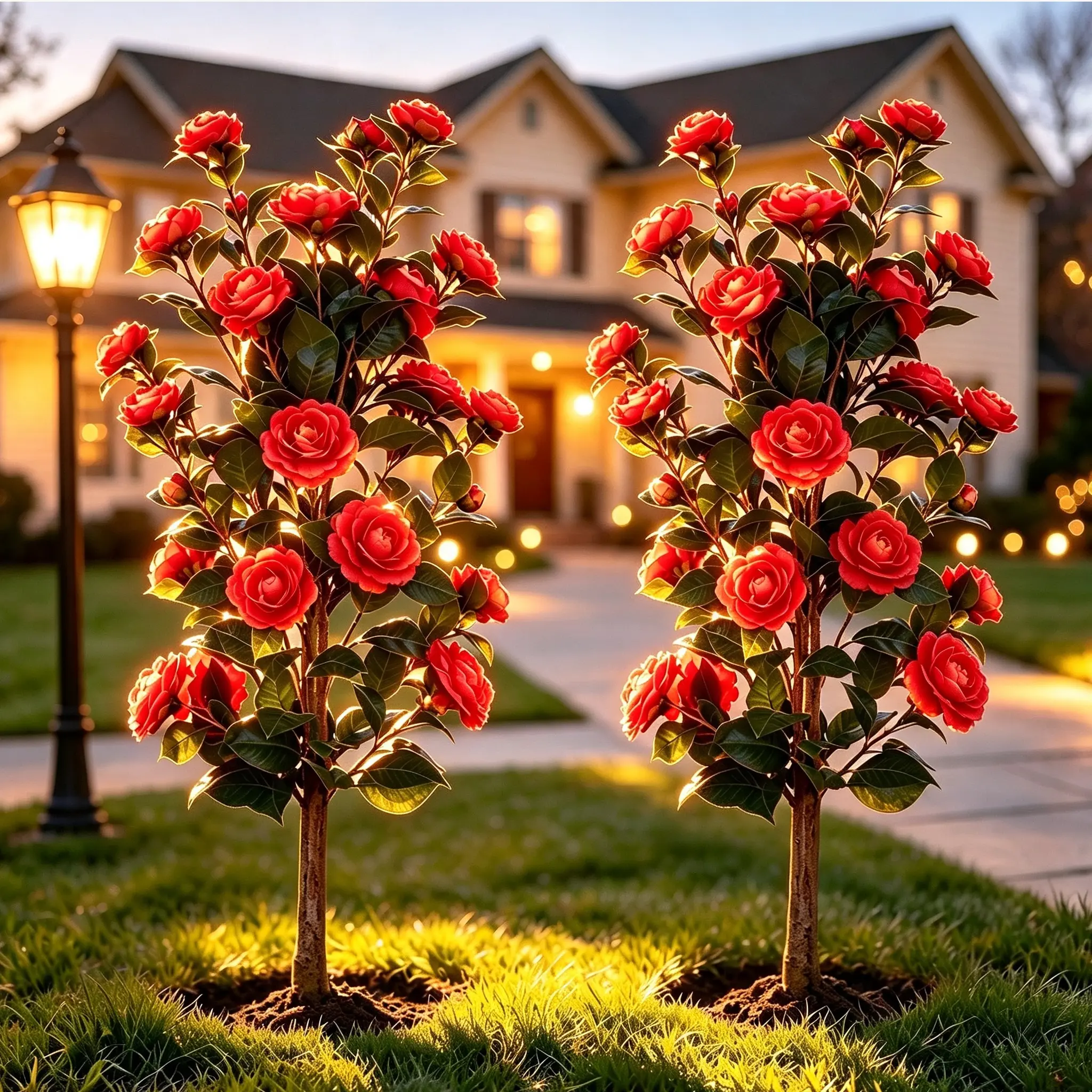 Artificial Camellia Tree 2-Piece Set 35 Inch, Realistic Camellia Shrub, UV Weather Resistant Fake Flower Plant, Outdoor Patio Backyard Decor, Wedding Entryway Decoration, Housewarming Gift