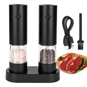 Rechargeable Salt and Pepper Grinder Set Automatic Electric Spice Mills with Charging Base Adjustable Coarseness LED Light 2 Pack