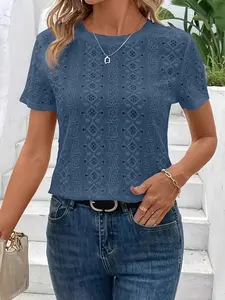 Spring Summer Women's Hollow Out Geometric Embroidery Round Neck Short Sleeve Slim Fit T-Shirt Top, Casual Fashion Style Tee for Daily Wear