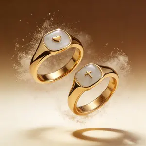 AELNEN Gold-Tone Enamel Signet Ring Set - Heart, Cross & Star Accent Rings - Minimalist Luxury Daily Jewelry - Gift for Her