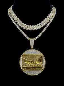 2Pcs/3Pcs Hip Hop Last Supper Pendant Big Jesus Iced Out Golden Charm Cuban Link Chain Necklace Fashion for Men Gift for My Men Hip Hop Accessory