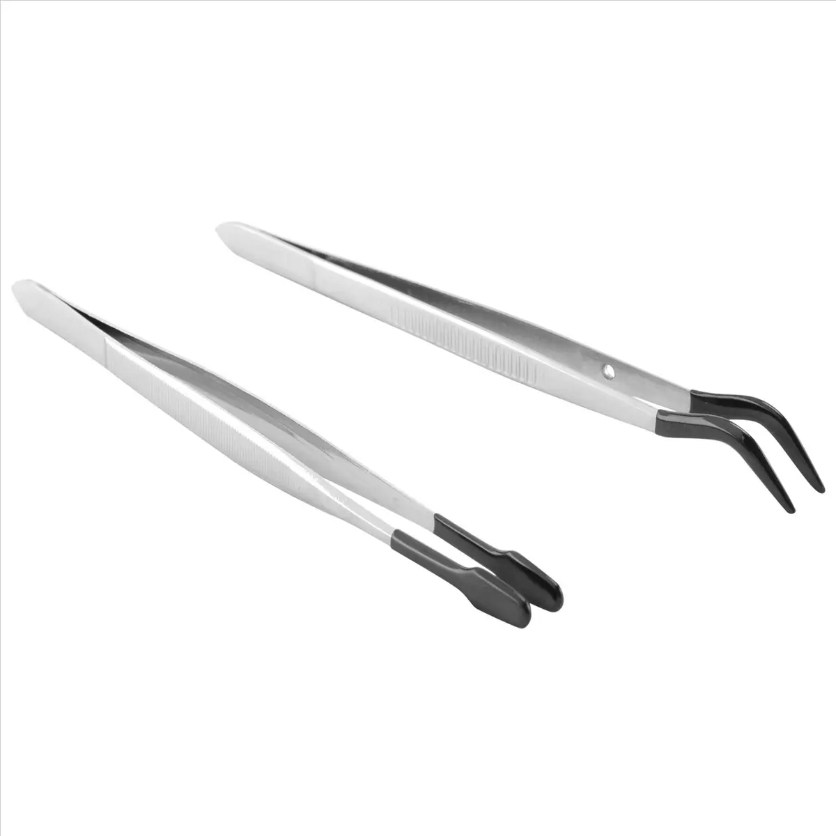 Black 2-Pc Rubber Tip Stainless Steel Tweezers Set, 15cm Hand Tools with Plastic Box for Craft, Laboratory Use (Home & Bathroom Gadgets)