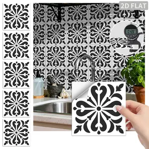 24PCS/Box FHZ Classic Art Tile Black White Moroccan Floral Peel and Stick Wall Sticker, PET Matte Waterproof Oil-Proof Tile for Kitchen Backsplash Bathroom Furniture