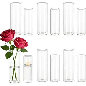 Glass Cylinder Vases for Centerpieces: 7“+6" Tall 12Pcs Clear Small Bud Vases for Flowers Wedding Party Table Decoration - Skinny Hurricane Candle Holders for Floating Candles