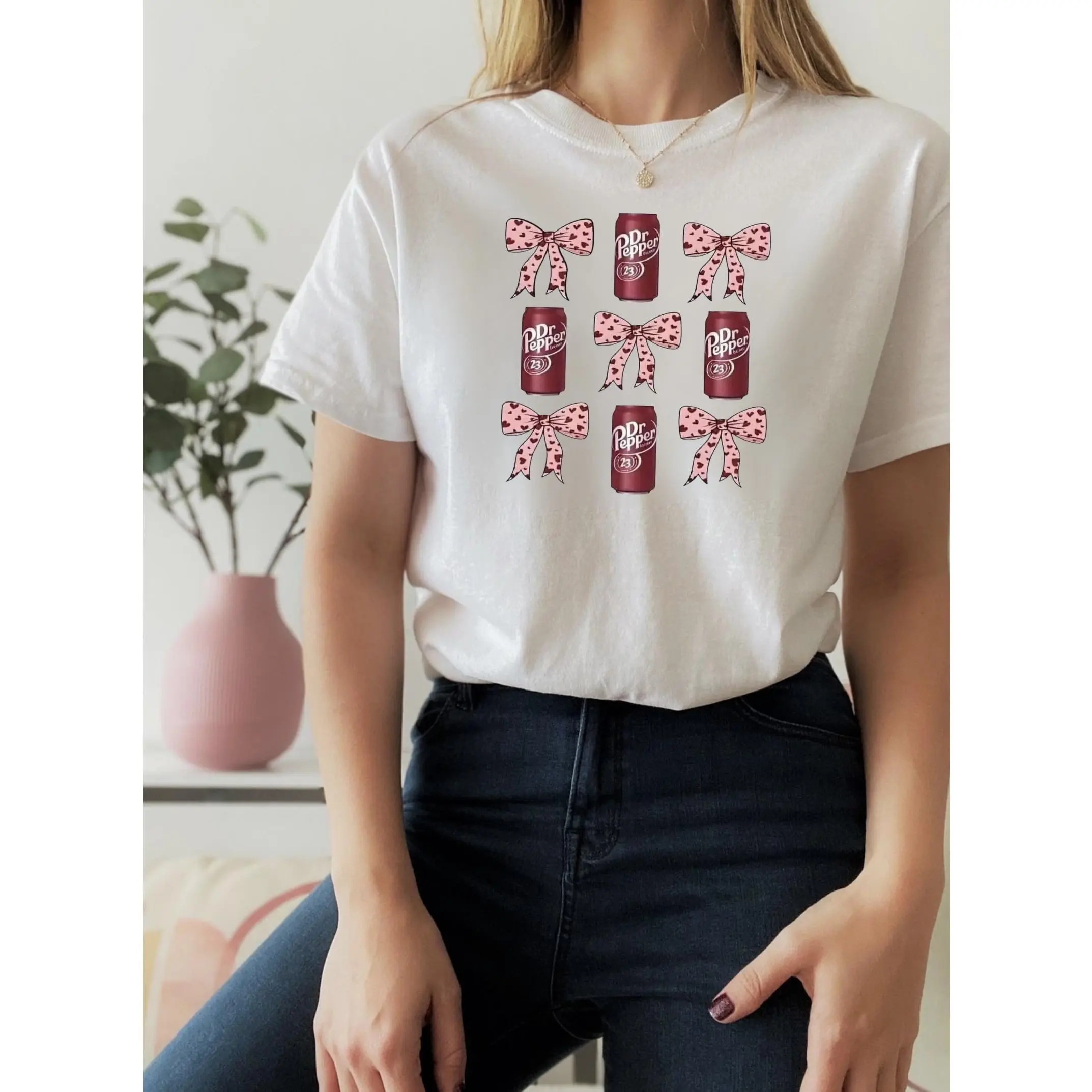 Dr Pepper Bow Pattern Unisex Softstyle T-Shirt, Soda Lover Gift, Graphic Tee, Beverage Print Top, Casual Shirt