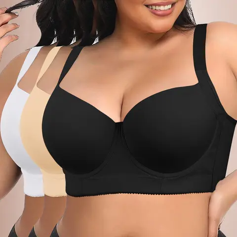 【SohoChic】Mimilemon Women's Plus Size 3PC Push-Up T-Shirt Bra - Full Coverage, Lightly Padded, Adjustable Straps, Steady Underwire, Solid, Comfortable, Elegant Minimalist, Wings, Body Shaping, Summer Everyday Wear, Hand Washable,push up bra
