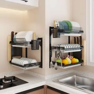 3 Tier Black Stainless Steel Dish Drying Rack Fruit Vegetable Storage Basket with Drainboard and Hanging Chopsticks Cage Knife Holder Wall Mounted Kitchen Supplies Shelf Utensils Organizer Hangable