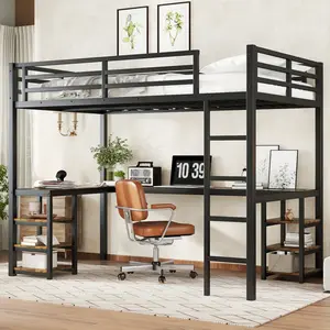 Metal Loft Bed with Desk and Shelves, Loft Bed with Ladder and Guardrails, Loft Bed Frame for Bedroom, Black