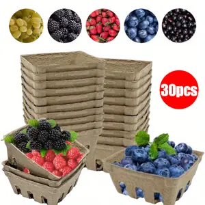 30pcs Natural Pulp Fiber Fruit Baskets - Brown Molded Design with Ventilation Slits for Strawberries, Blueberries, Raspberries, and Vegetables - Perfect for Farmers Markets, Grocery Stores, and Backyard Parties