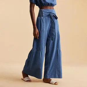 Woman's Denim Wide Leg Pants High Waist Smocked Bow Tie Soft Breathable Vintage Wash Casual Chic Loose Comfortable Summer Streetwear Beach Vacation