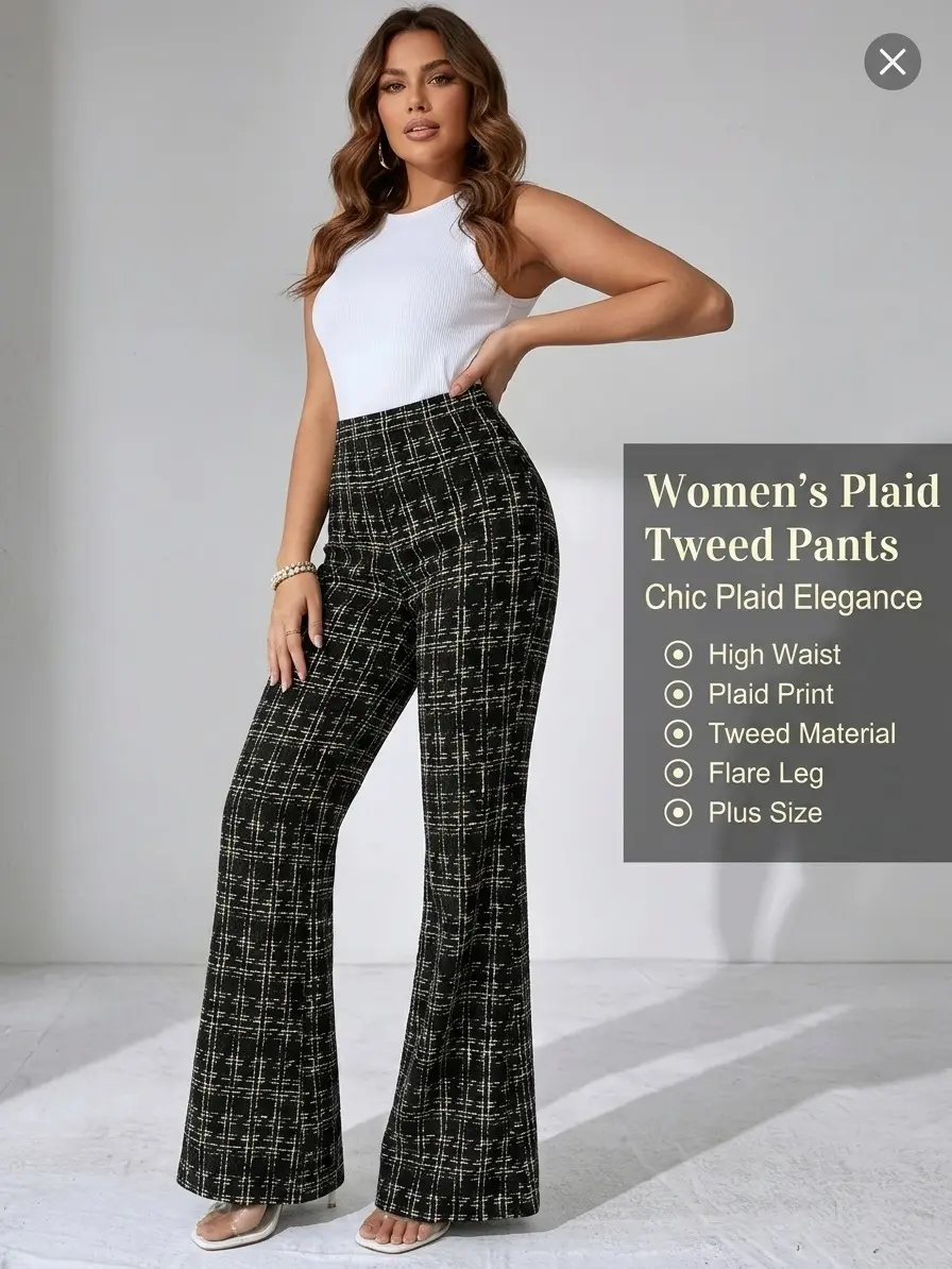 Women's elegant houndstooth  high-waisted flared trousers, professional office  checkered print pants