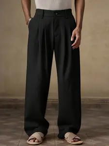 Men's Double Pleated Dress Pants, Elastic Waist Loose Straight Casual Trousers, Vintage Drape Versatile Long Pants for Spring & Fall
