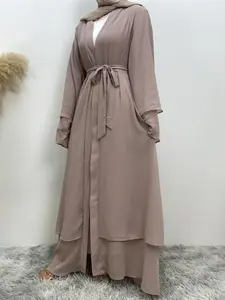 Women's Solid Color Chiffon Abaya with Belt, Elegant Long Sleeve Open Front Loose Abayas for Party Wedding Guest, Ladies Islamic Clothing for All Seasons