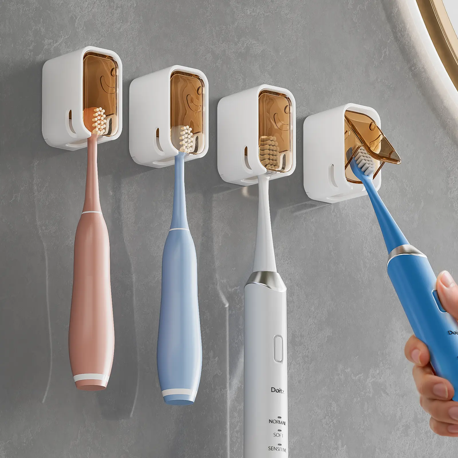 Toothbrush Holder Wall Mount, No-Drill Self-Adhesive, Ventilated Dustproof Cover for Electric Toothbrush & Manual, Bathroom Organizer Set for 4 Brushes