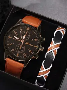 2-piece Geneva Business Quartz Watch Set with Fashion Leather Strap for Men