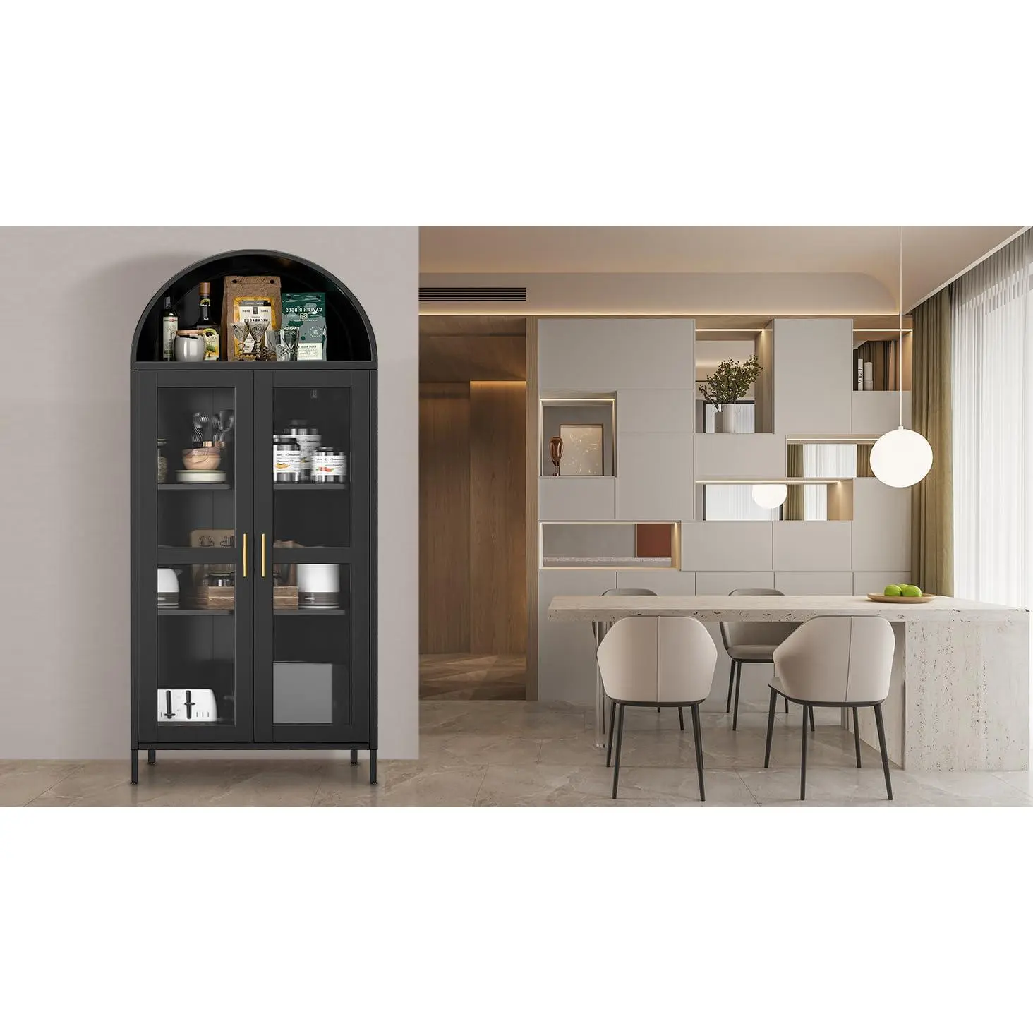 Garvee Modern Farmhouse Metal Entryway Cabinet – 73" Tall Arched Glass Double Doors, Adjustable Shelves, Freestanding Pantry and Display Cabinet for Kitchen, Dining, Living Room – Black