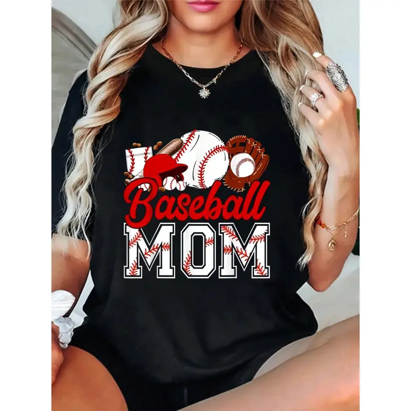 Women's 100% Cotton Round Neck Short Sleeve Fitted Graphic T-Shirt - Comfortable Retro Fabric, Vintage Sports Mama Print, Baseball Softball Game Day Top, Casual Leggings Pairing, Shortsleeve