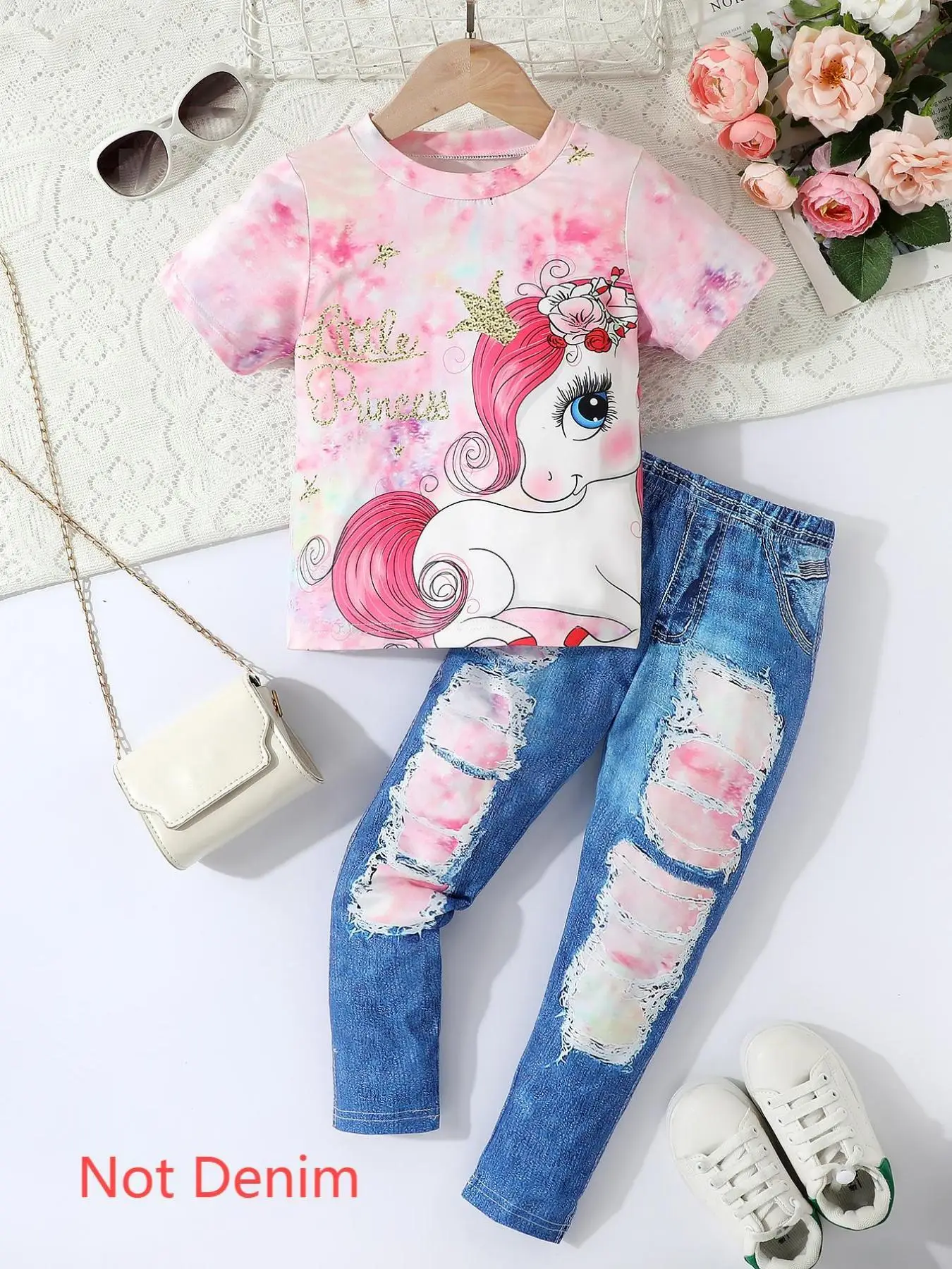 Two-piece Set Girl's Cartoon Unicorn Print Tee & Denim-effect Print Pants Set, Kids Summer Clothes