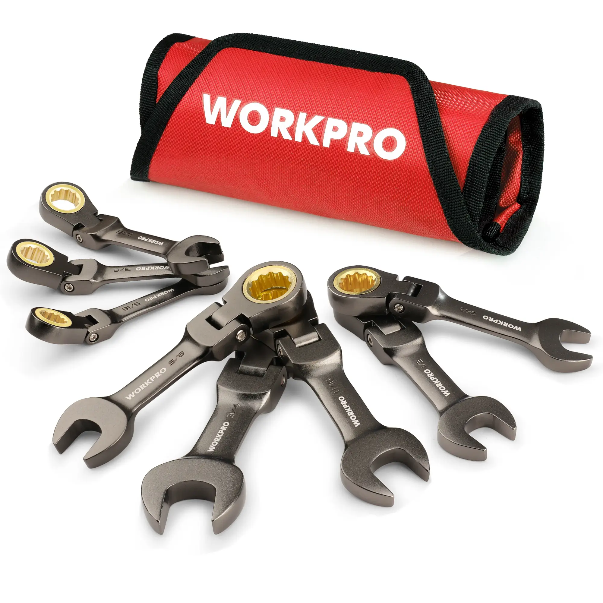 #fathersdaygift WORKPRO 8 Piece Flex Head Stubby Ratcheting Combination Wrench Set, 72-Teeth, CRV