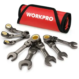 #SpringGlowUp WORKPRO 8 Piece Flex Head Stubby Ratcheting Combination Wrench Set, SAE 5/16-3/4 in, 72-Teeth, CRV, Nickel Plating with Rolling Pouch