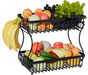 NOVEX 2-Tier Fruit Basket for Kitchen Storage – Durable Metal Bowl with Banana Hanger