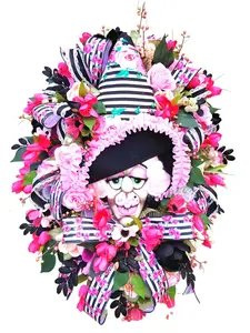 Floral Pink Black Halloween Witch Wreath