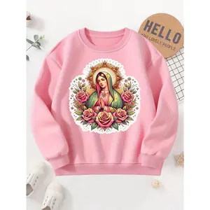 ' Virgen de Guadalupe Iconic Image & Letter P Pullover Sweatshirt - Spanish Text (Virgen/De/Guadalupe) - Warm Winter Toddler Sweater, Machine Washable Round Neck Long Sleeve, Sizes 90-130 (for cold Weather), Cotton, Slight
