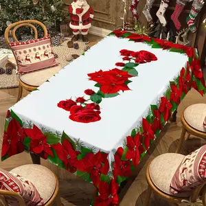 Rectangular Christmas Tablecloth with Poinsettia Design, Festive Holiday Decor for Dinner Parties & Celebrations, Party Decoration Supplies, Perfect for New Year Events