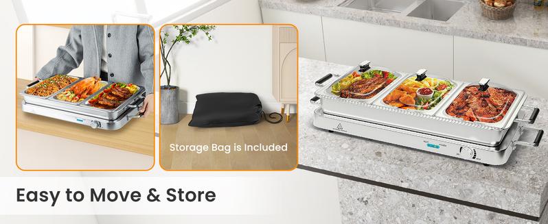 COSTWAY Buffet Servers and Warmers, 2 in 1 Electric Warming Tray, Stainless Steel Chafing Dish with Temperature Control, 3 Serving Trays, 4.5/8 Qt Food Warmers Station for Parties Banquets Events, Dishwasher Safe, Christmas Gift Black Friday Cyber Monday
