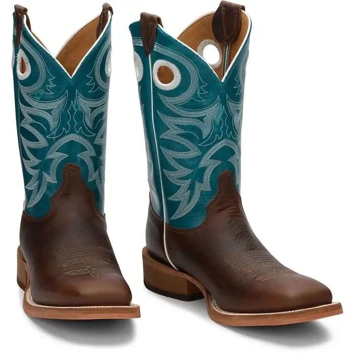 CADDO CHOCOLATE BROWN COWHIDE Western Boots with Teal Embroidery and Square Toe Design for Men