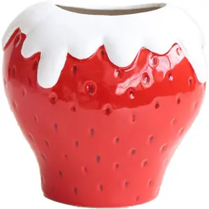 Strawberry Flower Vase, Creative Ceramic Strawberry Pot, Unique Strawberry Shaped Planter Pot Suitable for Living Room,Kitchen Decor Ornaments Red