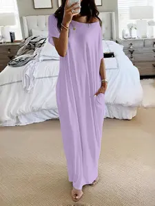 Women's Loose-Fit Casual Dress, Round Neck Short Sleeve Comfortable Soft Home Wear, Elegant Victorian Style for Fall Winter Season, Womenswear