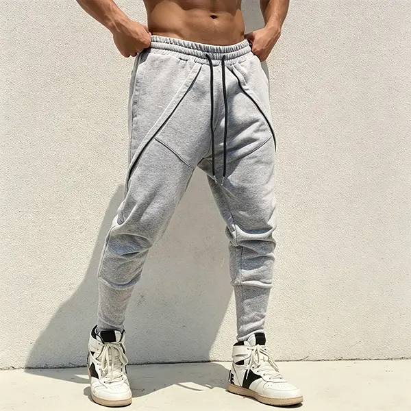 Men's 3D Panelled Cut Streetwear Jogger Sweatpants - Drawstring High Waist, Slim Fit Athletic Cut, Monochromatic Sporty Chic Pants for Fitness & Everyday Casual Wear