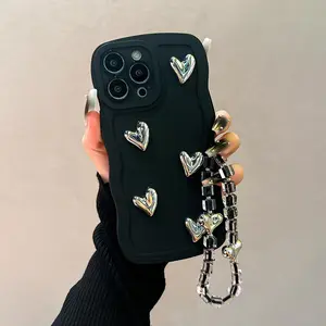 Heart Pattern Phone Case with Chain, Shockproof Phone Protective Cover, Smartphone Accessory Compatible with iPhone 11 12 13 14 15 16 Pro Max, Cellphone Protector