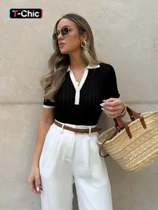 Women's Polo Collar Button-Down Color-Blocking Hollow-Out Slim Fit Short Sleeve Knit Pullover Top, Womenswear, Minimalist Style, Casual, Fitted, Lightweight & Cute Summer Top, Daily Wear Versatile Basic, High Street Travel Item, Casual Pullover Tops