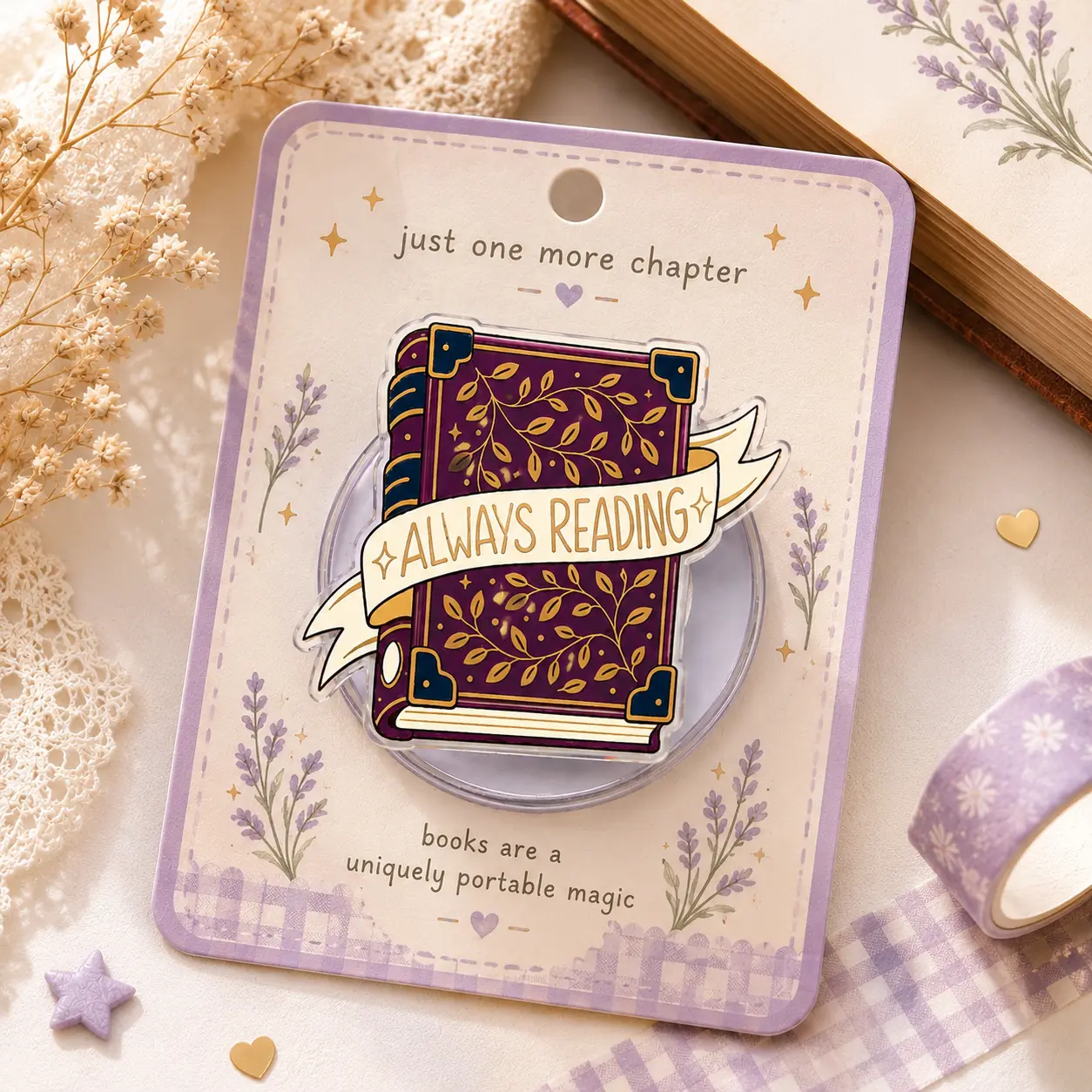 Always Reading Book Phone Grip for MagSafe Cute Book Lover Phone Holder Stand Purple Fantasy Reader Gift Kindle Grip Accessory