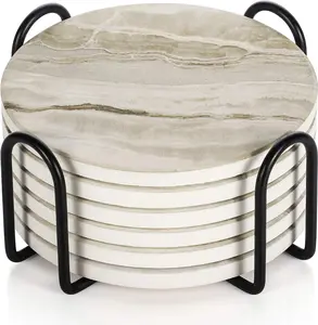 Drink Coasters with Holder, Absorbent Coaster Sets of 6, Marble Style Ceramic Drink Coaster for Tabletop Protection,Suitable for Kinds of Cups, Wooden Table, Cool Home Decor, 4 Inches