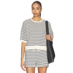 perfectwhitetee French Terry Bubble Sleeve Sweatshirt in Navy Stripe