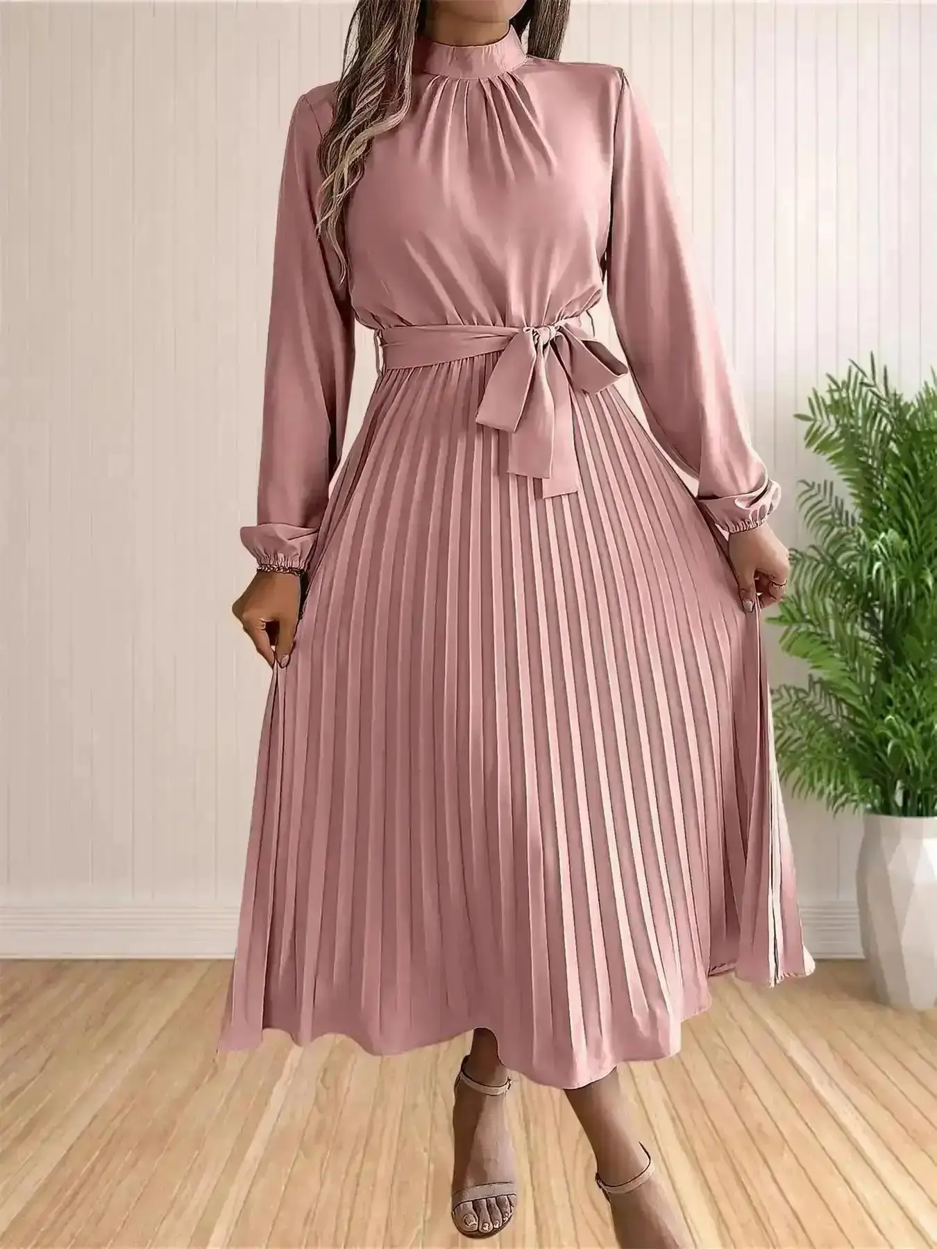Luxury 2026 Women's Solid Belted Pleated A Line Dress, Elegant Bishop Sleeve Mock Neck for Fall & Winter, Clothing Daily Wear, Casual Everyday, Soft Touch, Knitted Chic, Essential, Warm Weather, Tropical Style