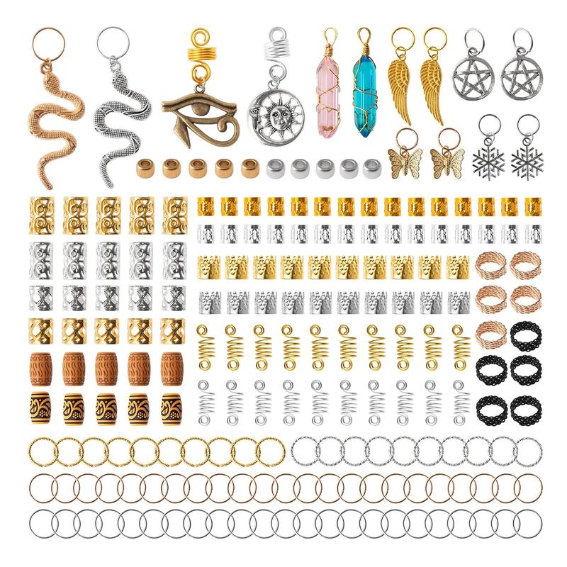 "200PCS Dreadlock Beads and Hair Jewelry Set – Gold & Silver Braiding Cuffs, Crystal Charms, Metal Coil Rings, Hair Clips & Loc Tubes for Braids, Twists, Dreads & Hair Decoration"