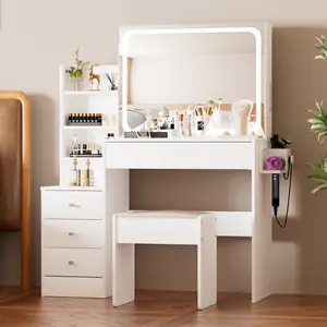 Vanity table with LED-lit mirror with power outlet and hairdryer shelving, with 4 drawers and upholstered stool, brightness adjustable in 3 lighting modes, storage table, White,43.3"L *15.7"W *55.4"H vanity  without  let decofy vanity  set